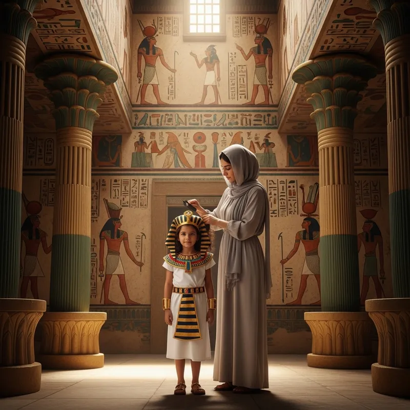Veiled Mother and Little Pharaoh in Ancient Egypt