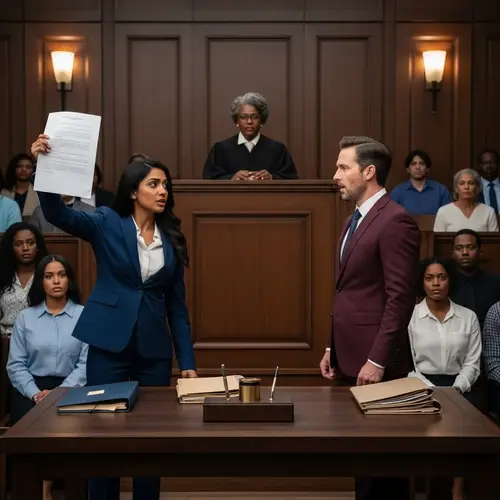 Dramatic Courtroom Scene: Prosecutor Presses Charges