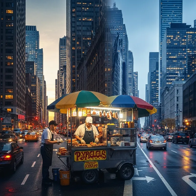 Bustling Cityscape at Dusk with Hotdog Vendor