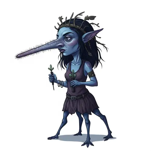 Fantastical Female Creature with Blue Skin and Hairy Nose