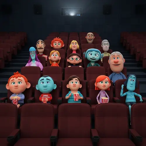 characters of modern Russian animation are sitting in the cinema hall