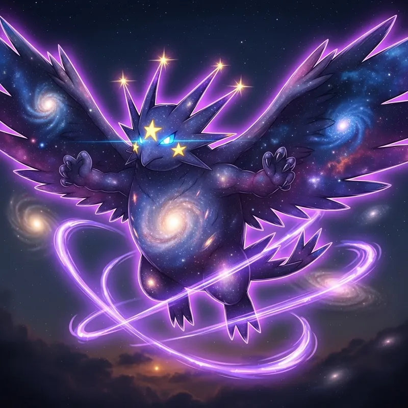 Mystical Flying/Astral Pokémon with Blue Eyes & Purple Aura