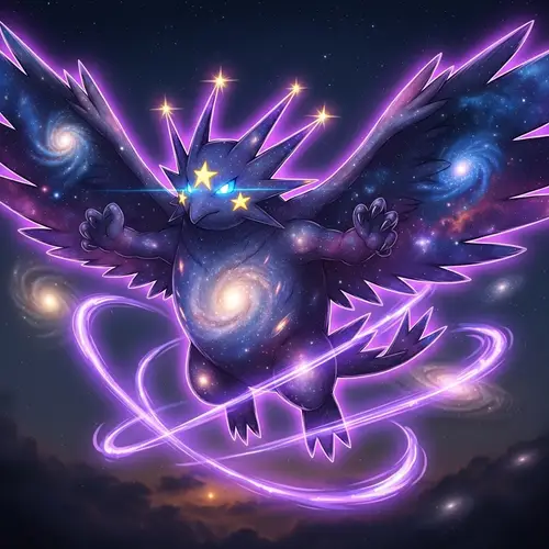 Flying/Astral Type Pokémon with Blue Eyes and Purple Aura