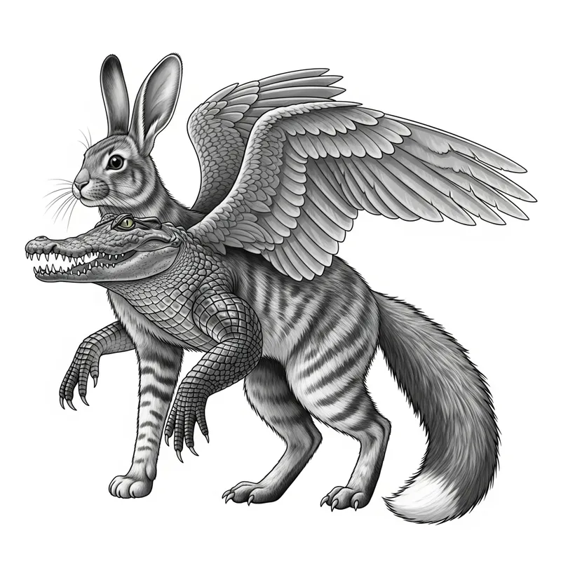 Intriguing Hybrid Creature: Rabbit Head, Cat Body, Crocodile Limbs, Hawk Wings, Fox Tail