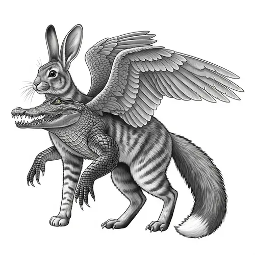 Mythical Hybrid Creature: Rabbit Head, Cat Body, Crocodile Limbs, Hawk Wings, Fox Tail