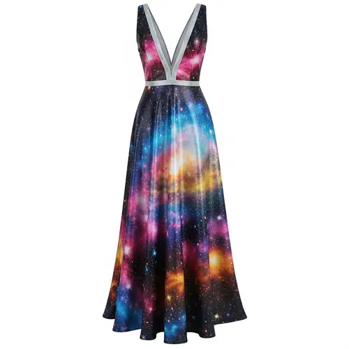 Galactic Style Full-Length Dress with V-neck and Open Back
