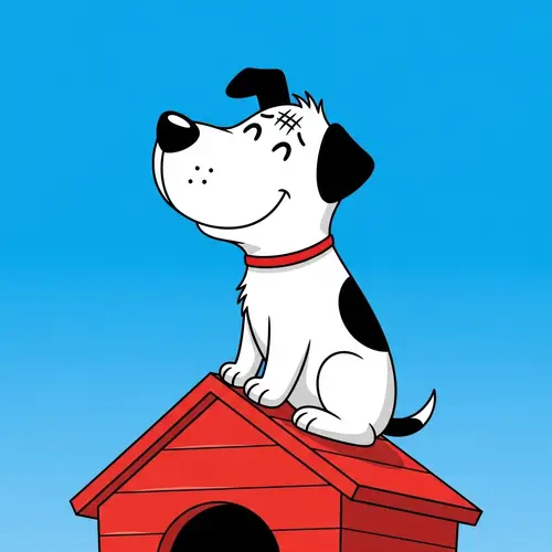 Adorable Cartoon Dog on Red Doghouse | Bright Sky View