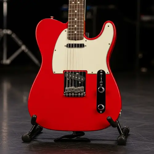 Red Telecaster Electric Guitar Resting on Black Music Stand