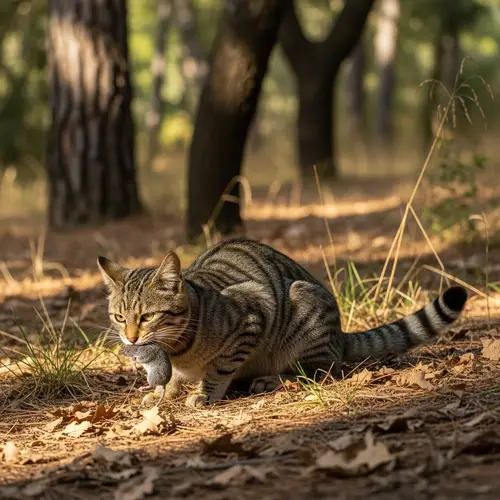 Wildcat in Mediterranean Forest Eating a Shrew