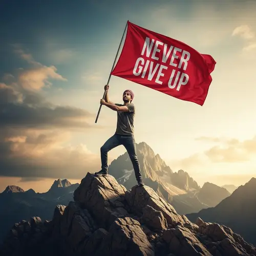 Determined Middle-Eastern Man on Rocky Peak with 'Never Give Up' Flag