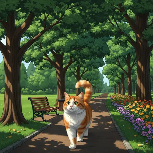 Adorable Fluffy Cat Wandering in Lush City Park