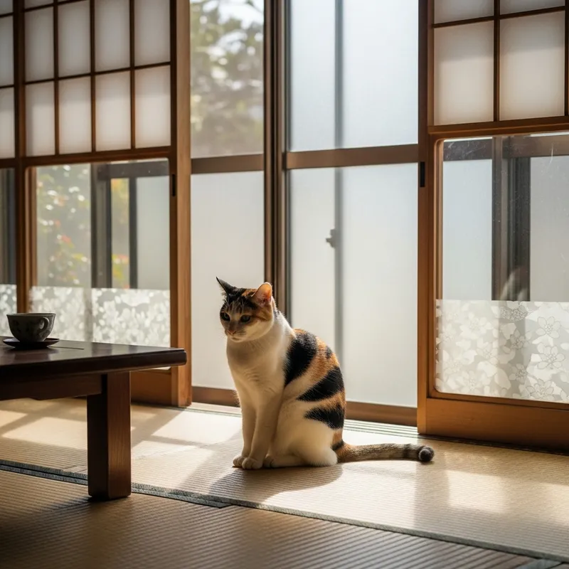 Calico Cat Sitting in Traditional Japanese House - Tenma Calico Cat Sitting in Traditional Japanese House - Tenma