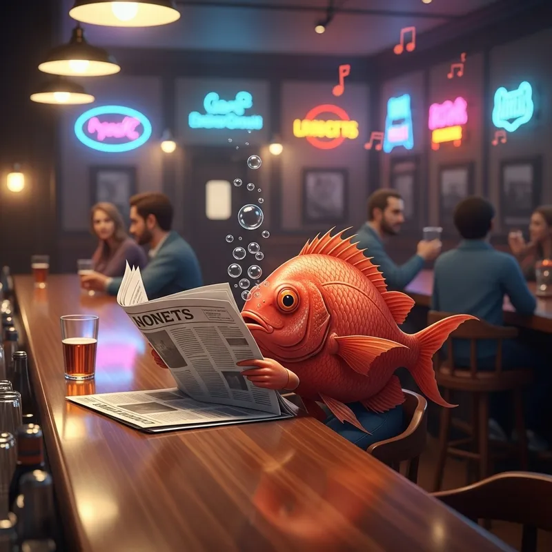 Red Fish Reading Newspaper in Colorful Bar Setting