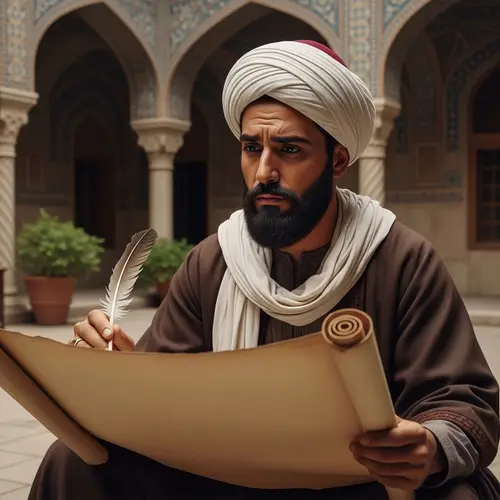 8th Century Middle Eastern Scholar in Tranquil Courtyard