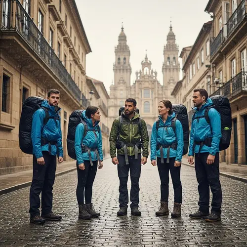 Dramatic Arrival of Six Hikers in Santiago de Compostela Amidst Rain
