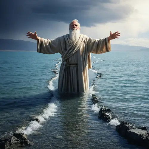 Elderly Religious Figure Parting Great Salt Lake - Hyper-Realistic Image