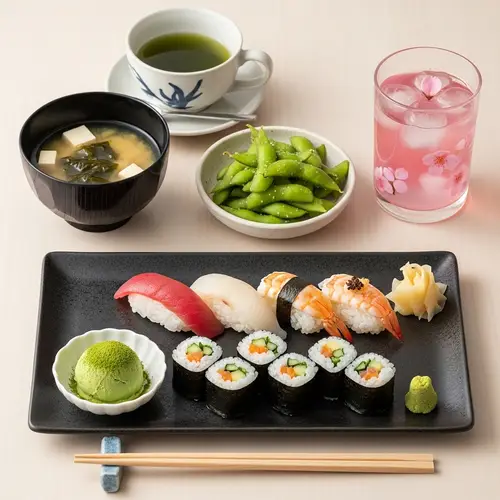 Authentic Japanese Lunch Menu: Tofu Miso Soup, Sushi, Edamame & Matcha Ice Cream