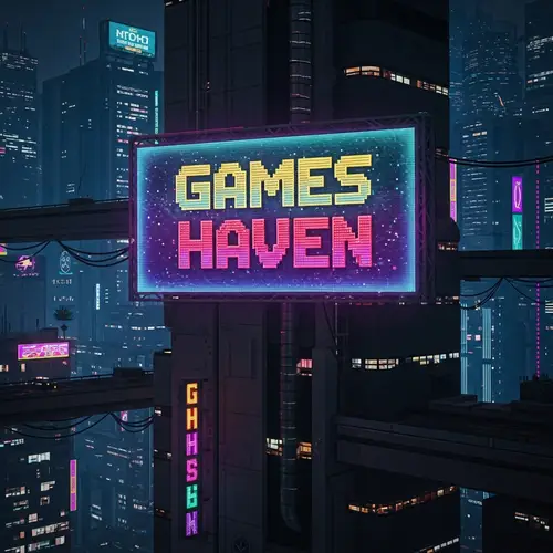 Cyberpunk City Tower: Games Haven Sign in Pixel Art