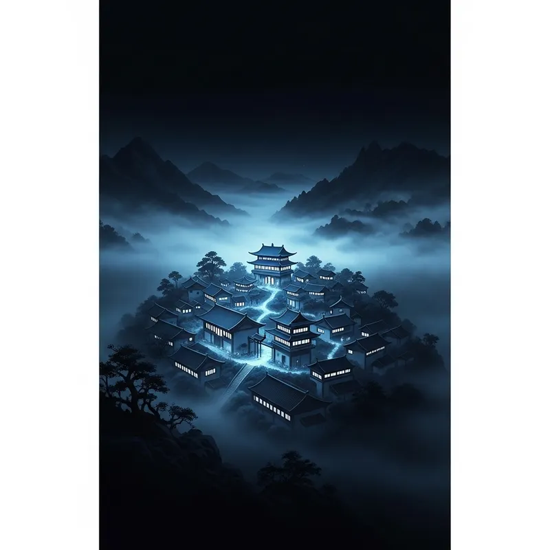 Whimsical Tranquil Asian Village: Mystical Fog & Traditional Craftsmanship