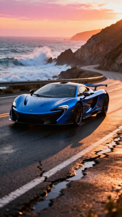 Futuristic Sports Car on Coastal Road at Sunset