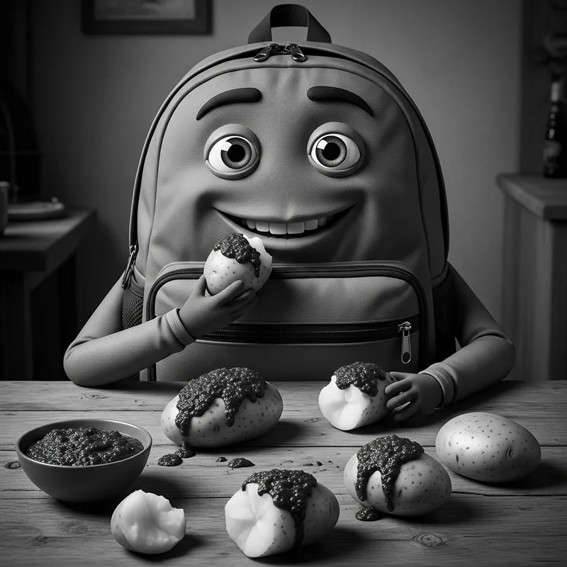 Backpack Enjoying Boiled Potatoes with Mojo Picon in Black and White Backpack Enjoying Boiled Potatoes with Mojo Picon in Black and White