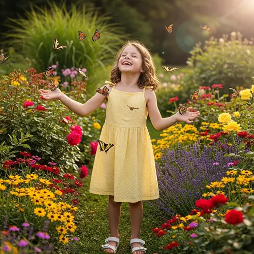 Playful Caucasian Girl Chasing Butterflies in Colorful Garden