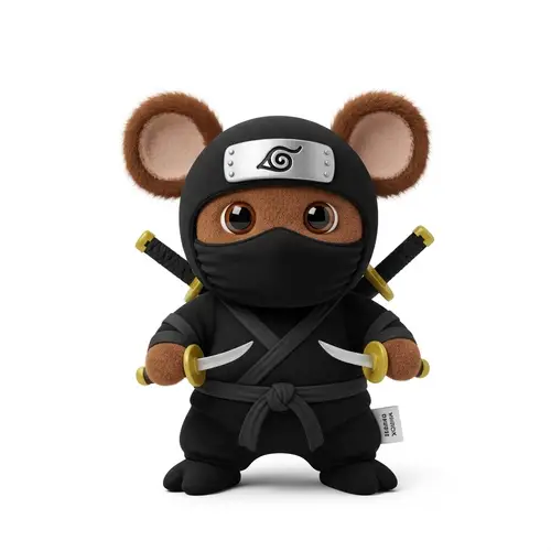 Playful Brown Ninja Plush Toy with Traditional Martial Arts Pose