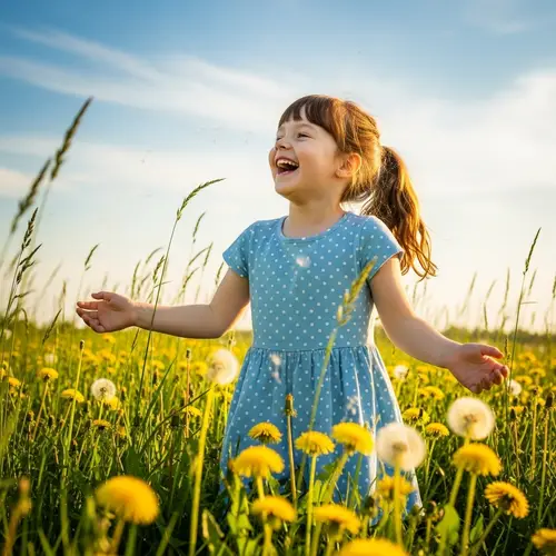 Young Caucasian Girl Playing in Meadow | Happy Girl in Summer Dress