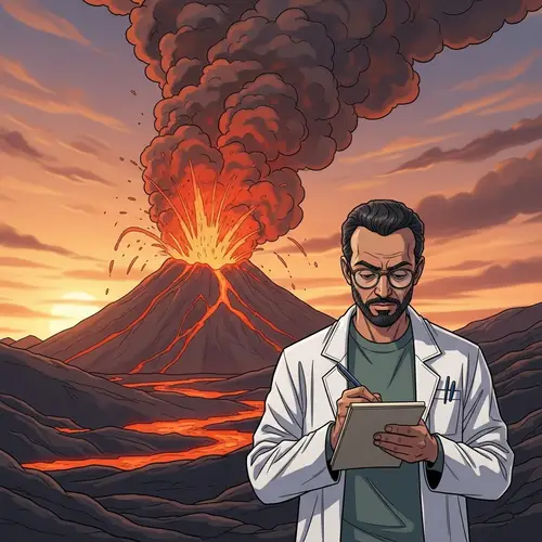 Adventure Comic: Scientist Observing Erupting Volcano