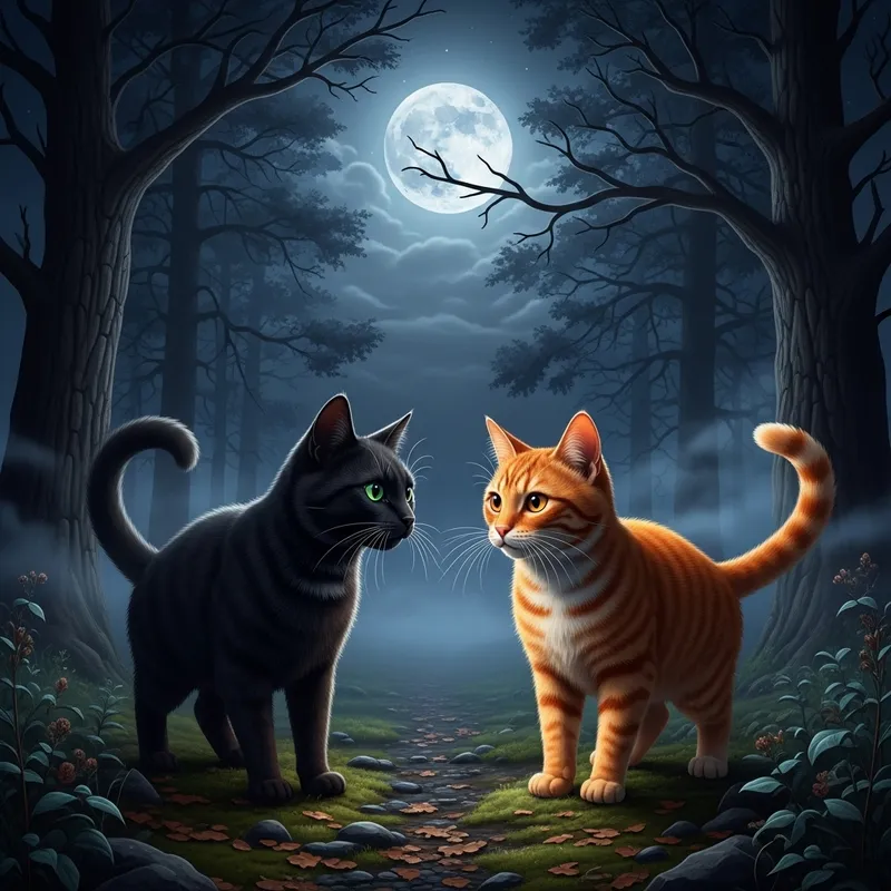 Black and Orange Cats in Nocturnal Scene