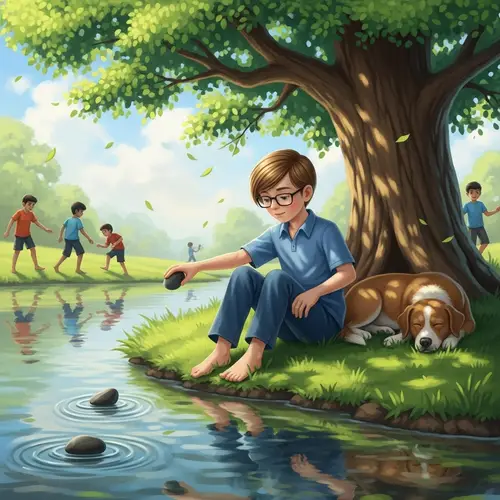 Tranquil Countryside Scene with Lyosha Skipping Stones by Riverbank