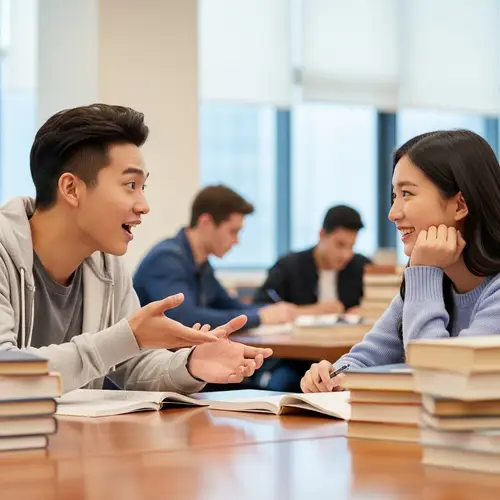 Asian Teenage Boy Sharing Story with Asian Teenage Girl at University