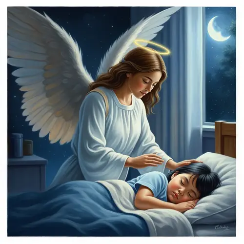 Guardian Angel Watching Over Sleeping Child - Serene Oil Painting