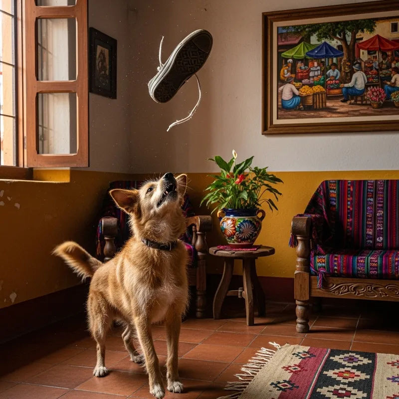 Latin-inspired Dog Playfully Tossing a Shoe Latin-inspired Dog Playfully Tossing a Shoe