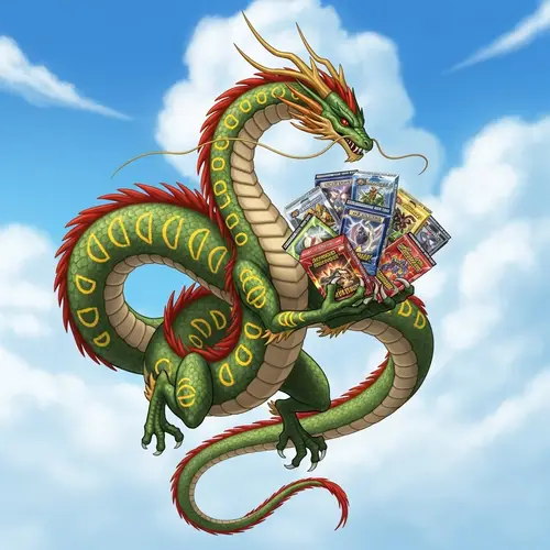 Mythical Serpentine Dragon Creature in the Sky with Collectible Cards