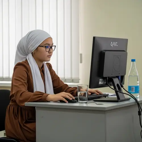 Kazakh Girl Working at Desk with Glasses - Intelligent Aura