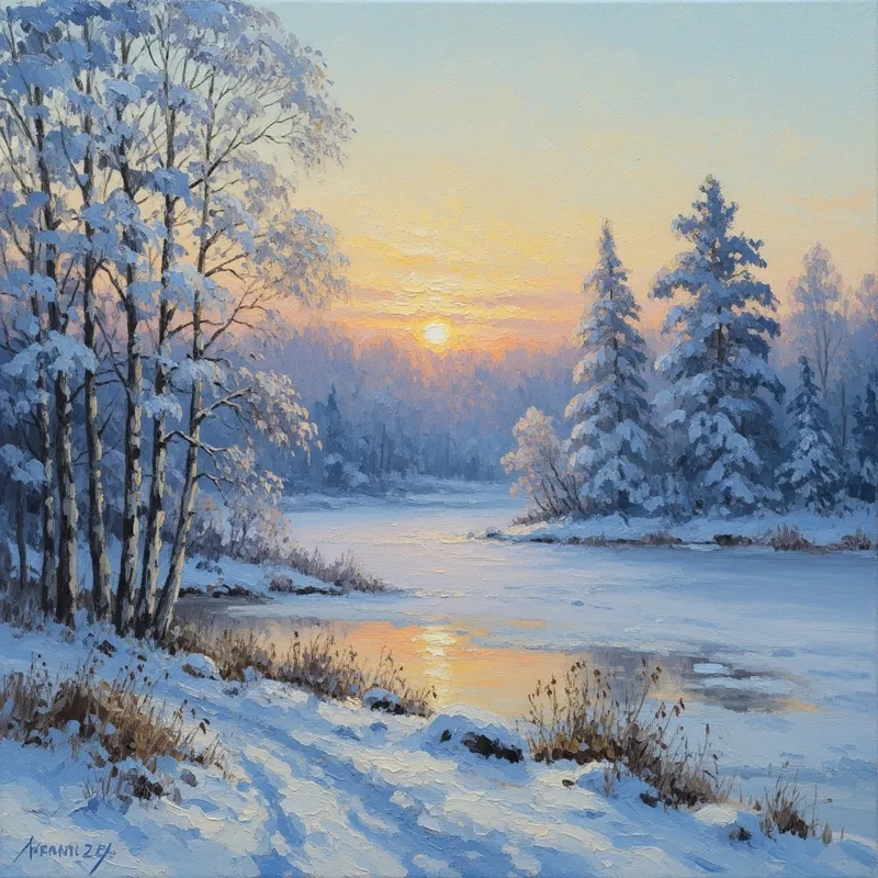 Serene Winter Landscape - Soft Hues, Snow-Covered Trees, Frozen Lake