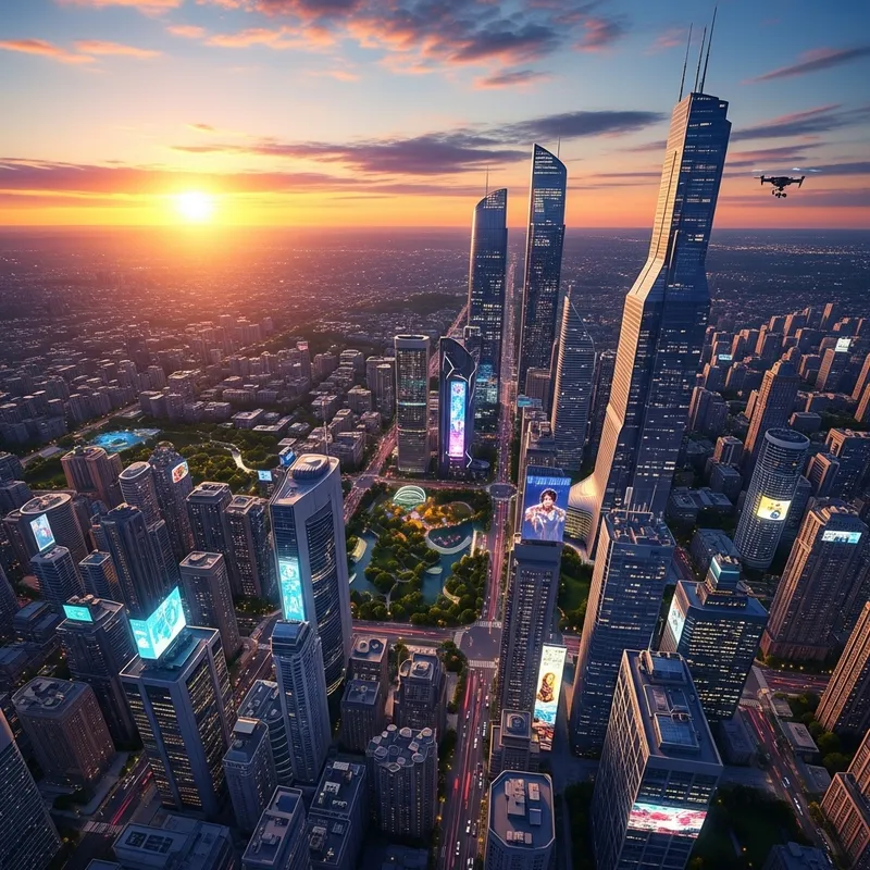 Futuristic Cityscape at Sunset: Vibrant Colors & Aerial Drone Shot
