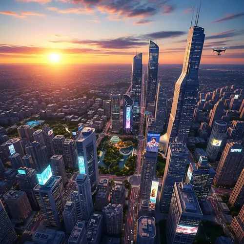 Futuristic Cityscape at Dusk: High-Tech Skyscrapers & Neon Lights
