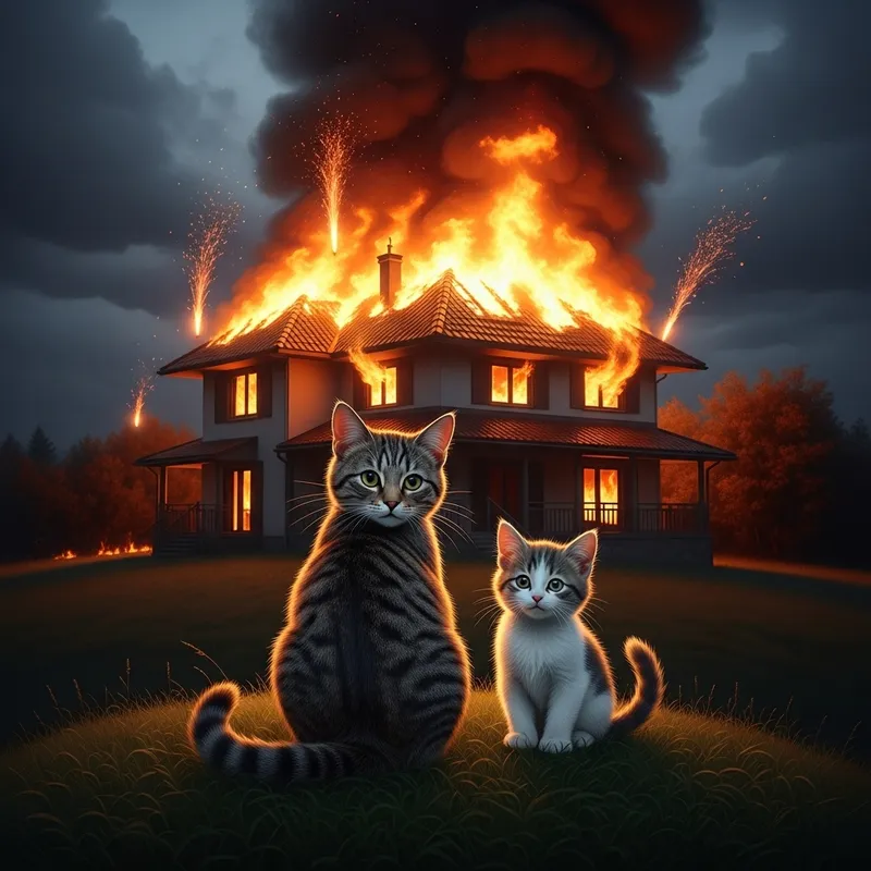 A Cat and Kitten Watch Sad Scene of House Fire