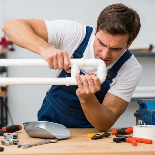 Caucasian Man in Handyman Outfit Fitting PVC Pipes - Workshop Scene