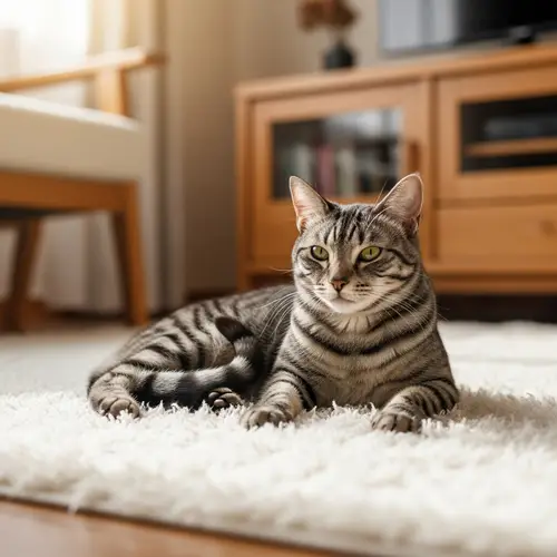 Grey and Black Striped Domestic Short-Haired Cat on Fluffy White Rug