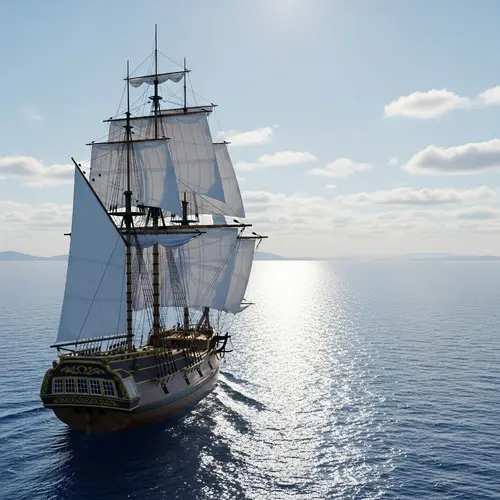 Sailboat Gliding in Expansive Ocean with Glistening Sunlight