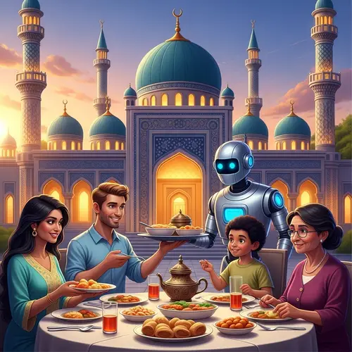 Multicultural Ramadan Family Dinner at Mosque | Robot Serving
