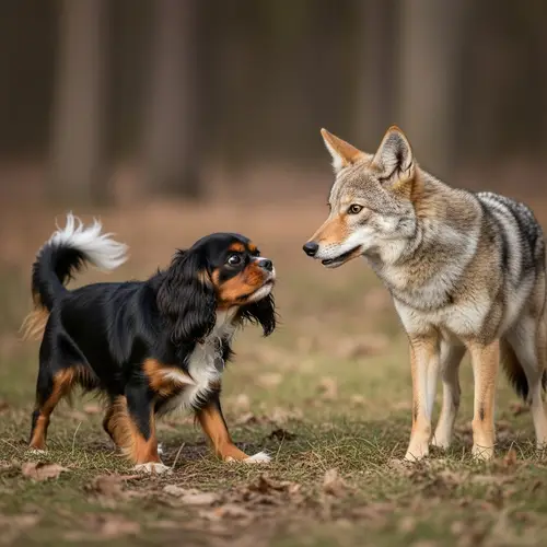 Fearless Cavalier King Charles Confronts Wild Coyote