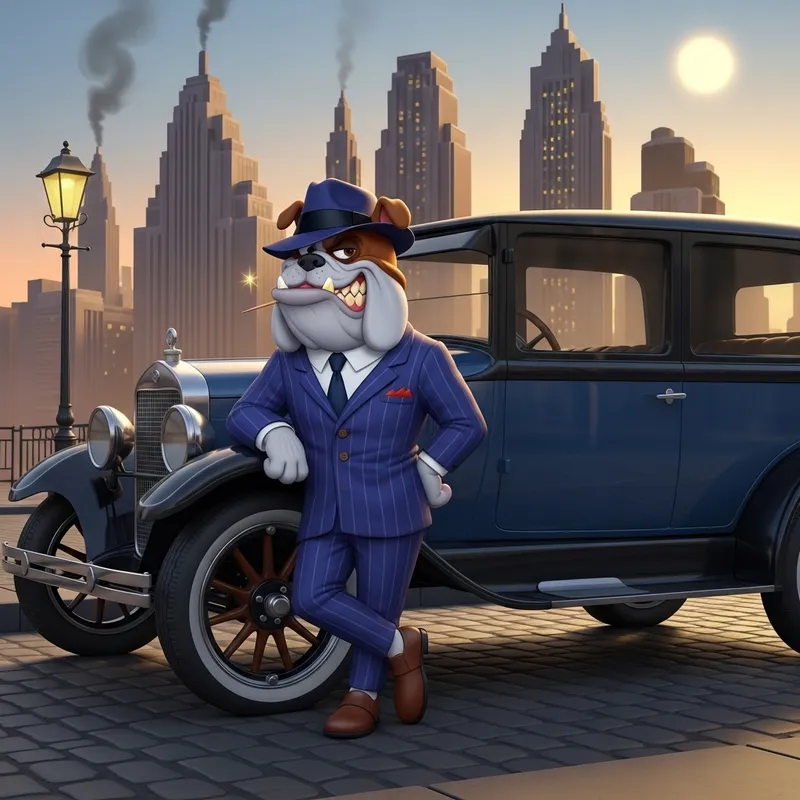 Caricature Gangster Dog in Classic Cityscape