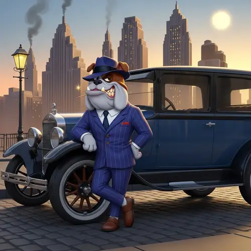 Cartoon Gangster Dog in Cityscape | Vintage Car Scene