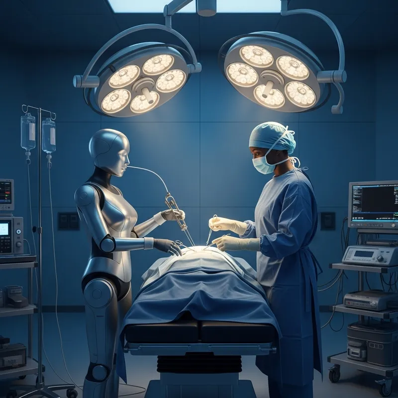 Futuristic Operating Room: Surgeon and Robot Perform Surgery