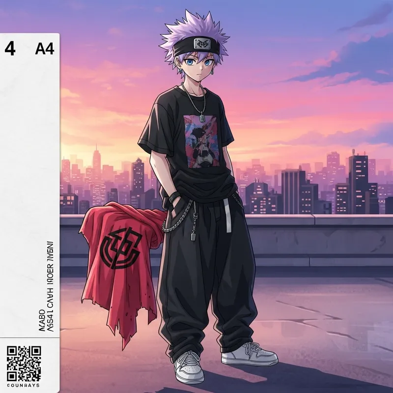 Unique Anime Character Artwork with Spiky Purple Hair and Street-Style Outfit