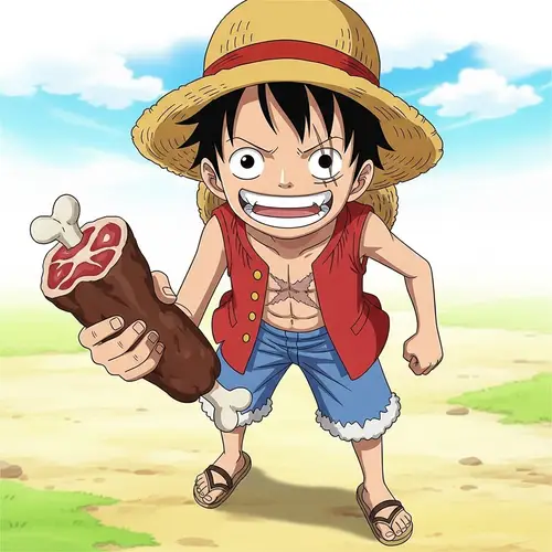 Young Boy with Black Hair and Straw Hat Holding Meat